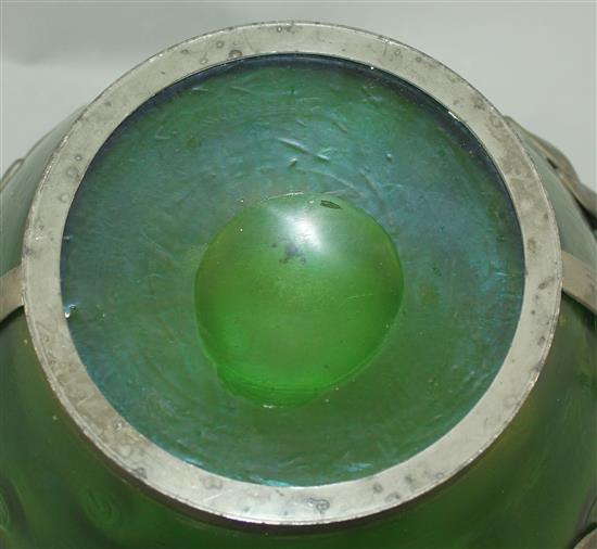 A Loetz style Art Nouveau iridescent green glass and pewter mounted bowl, c.1905, width 44cm
